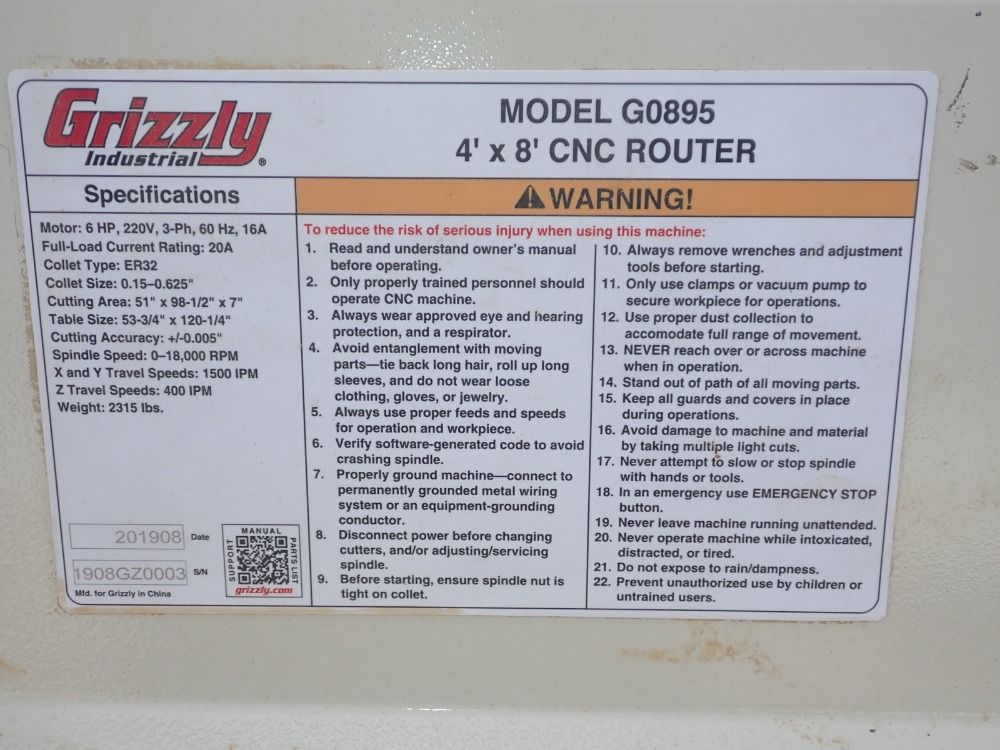 Grizzly Industrial 4'x8' Cnc Router - G0895