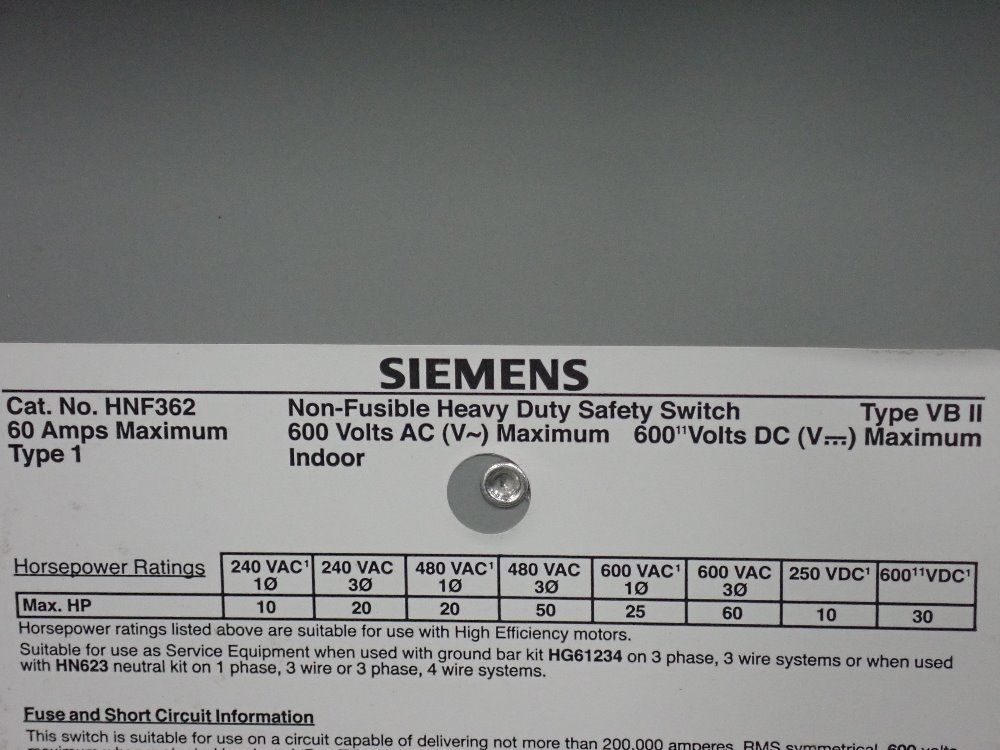 Siemens 60 A/600 V Nonfusible Disconnect - Hnf362