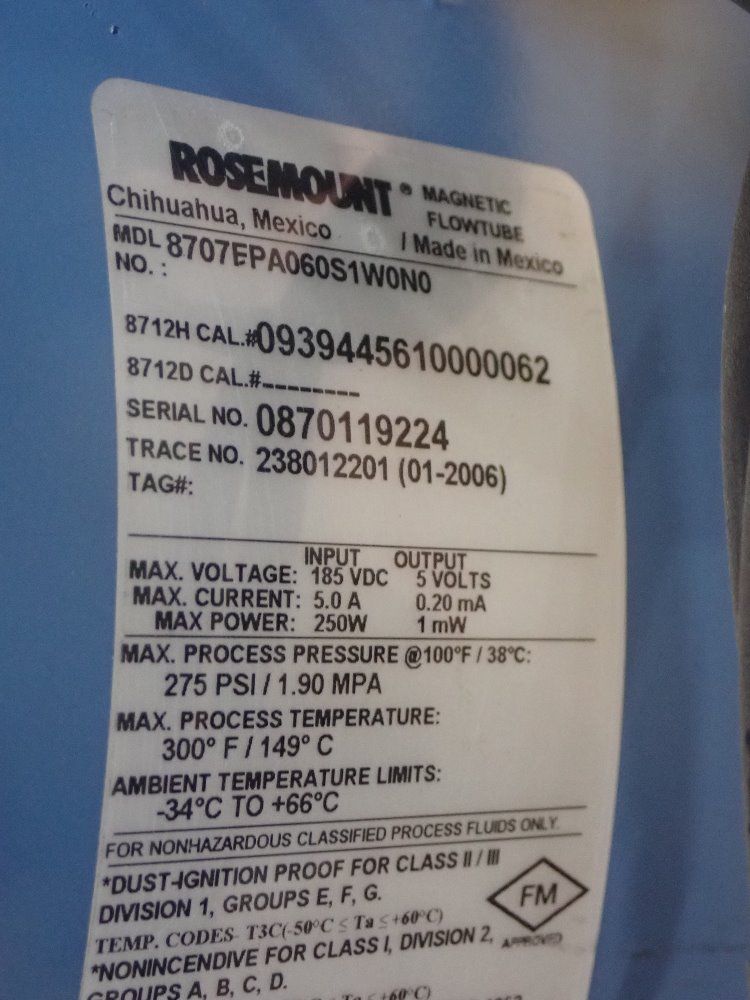 Rosemount 6" Dia Magnetic Flowmeter - 8707epa06051wong