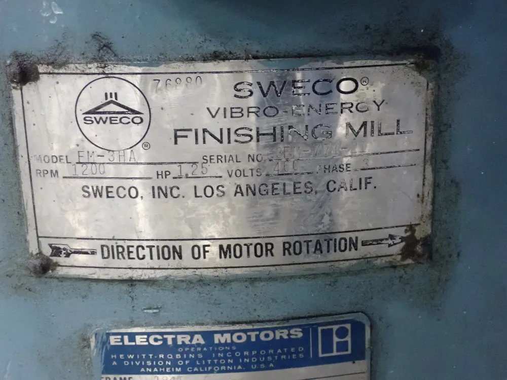 Sweco 1.25 Hp Finishing Mill/tumbler - Fm-3ha