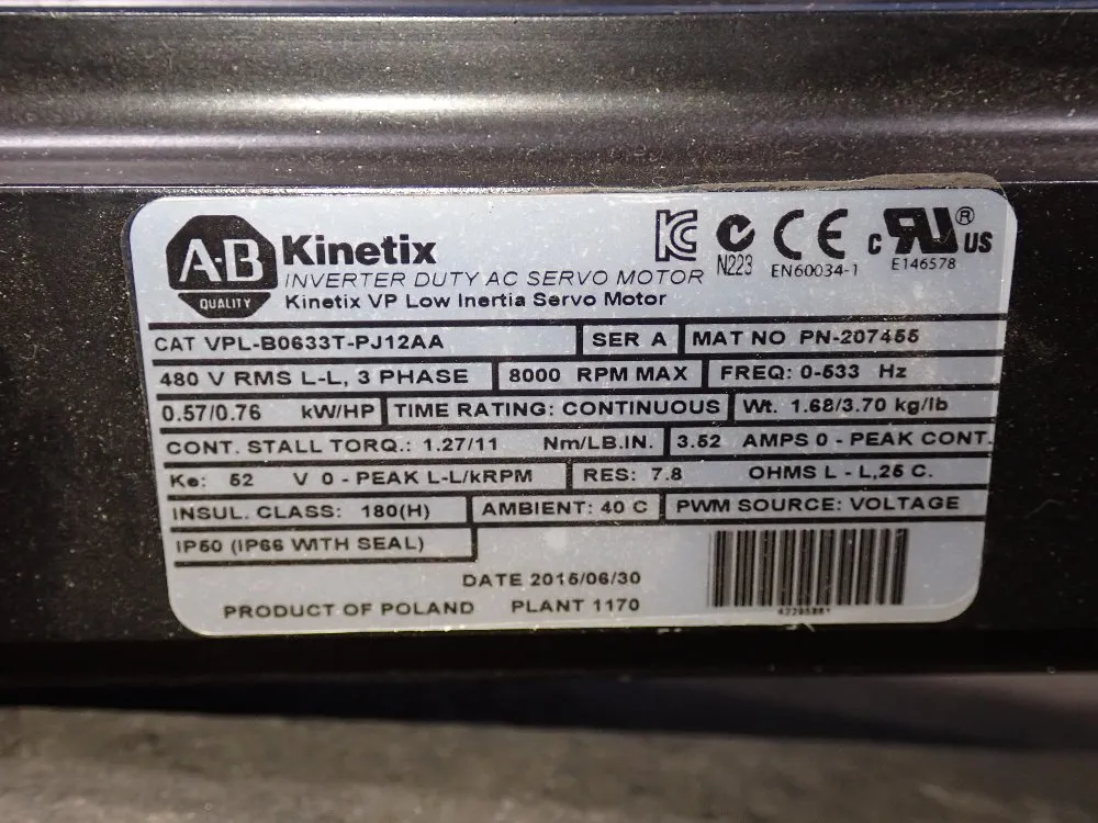 Allen Bradley .76 Hp Servo Motor - Vpl-b0633t-pj12aa