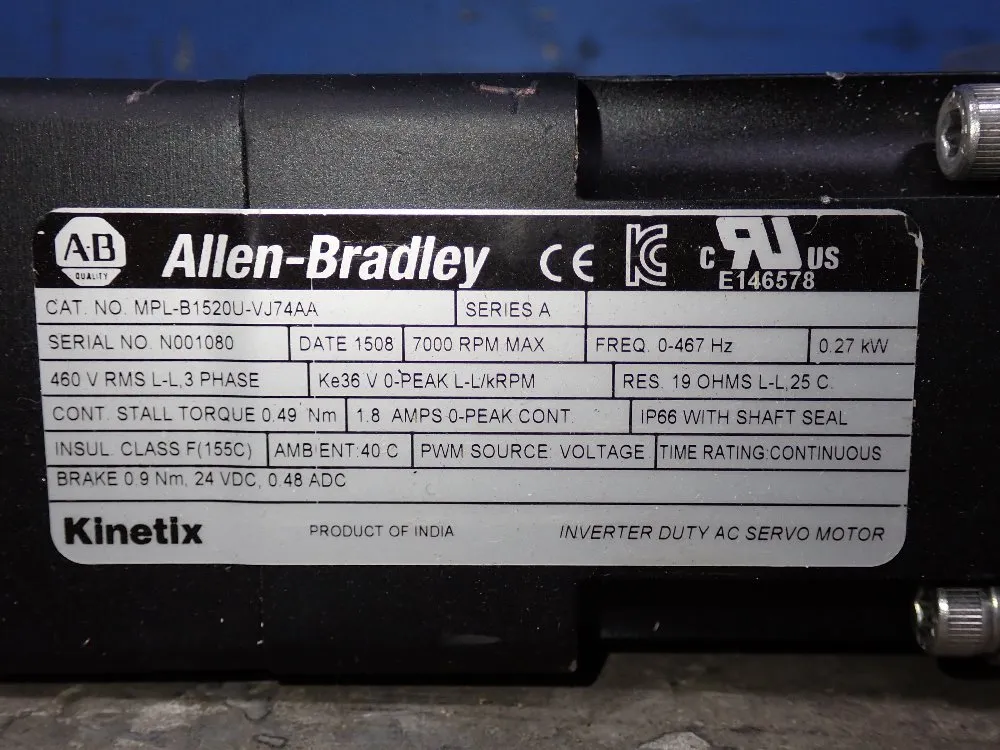 Allen Bradley .27 Kw Servo Motor - Mpl-b1520u-vj74aa