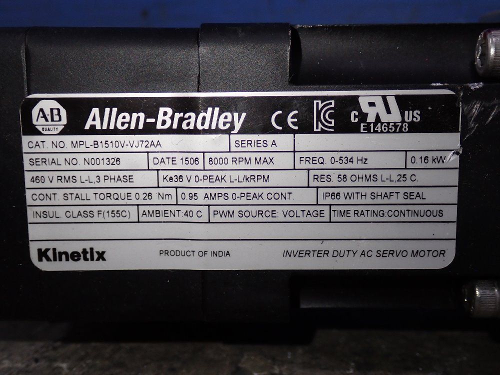 Allen Bradley .16 Kw Servo Motor - Mpl-b1510v-vj72aa