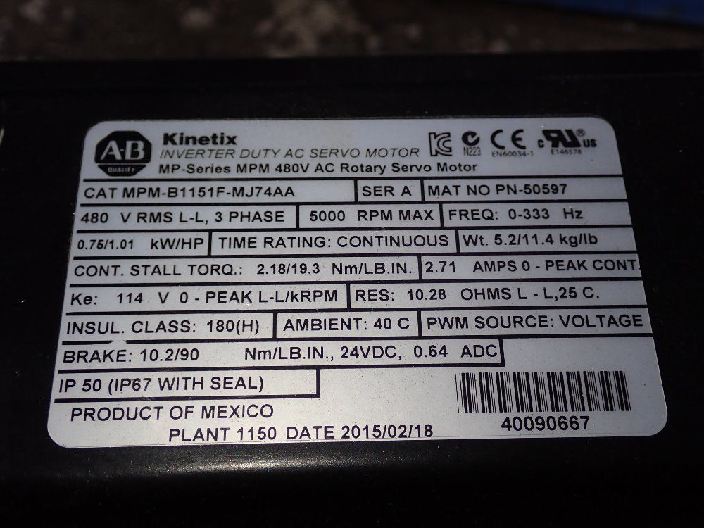 Allen Bradley 1.01 Hp Servo Motor - Mpm-b1151f-mj74aa