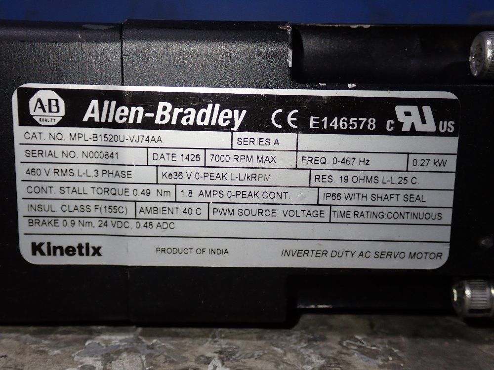 Allen Bradley .27 Kw Servo Motor - Mpl-b1520u-vj74aa