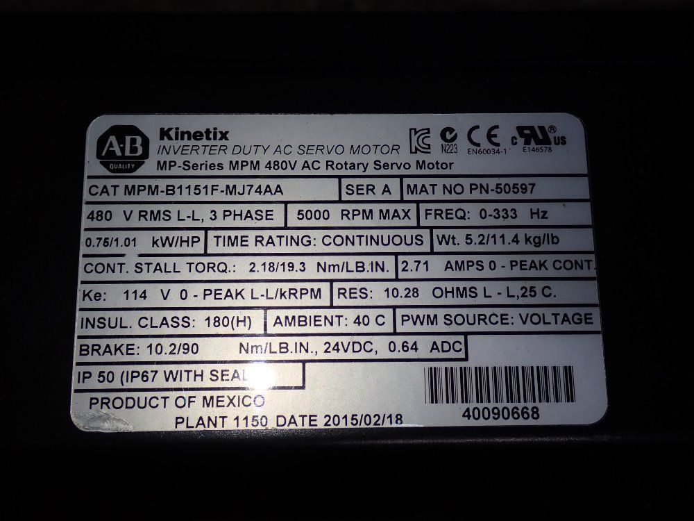 Allen Bradley 1.01 Hp Servo Motor - Mpm-b1151f-mj74aa