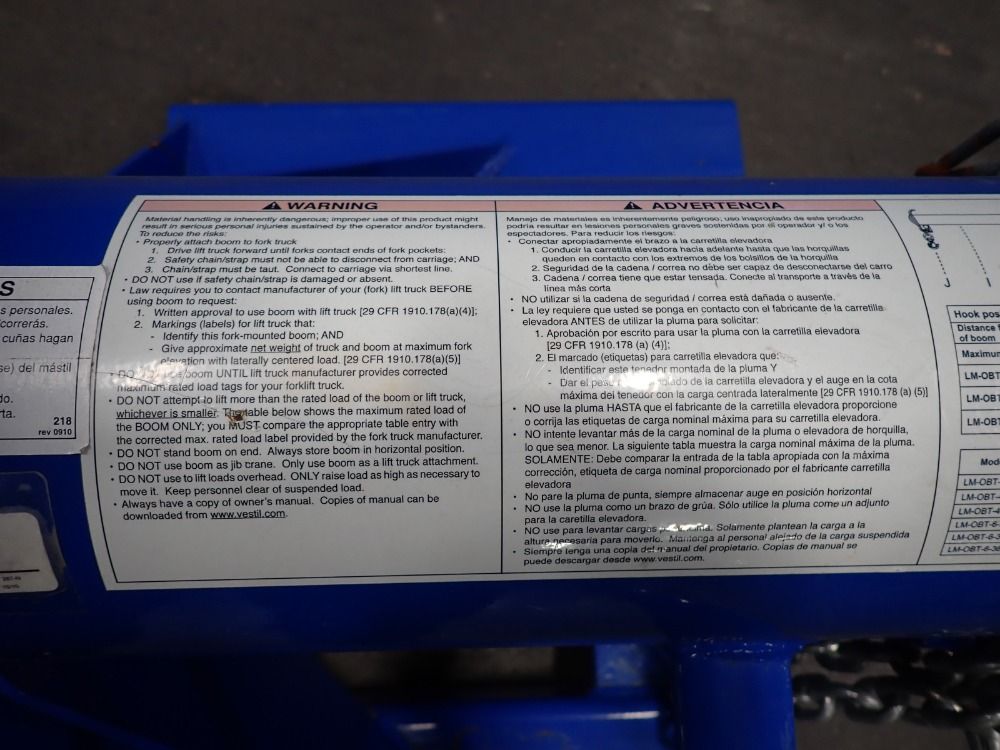 Vestil Jib Boom Forklift Attachment