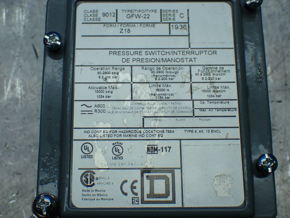 Square D Pressure Switch. - 9012gfw22