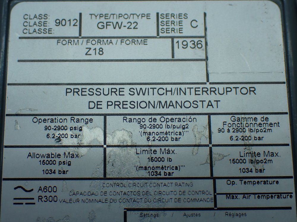 Square D Pressure Switch. - 9012gfw22