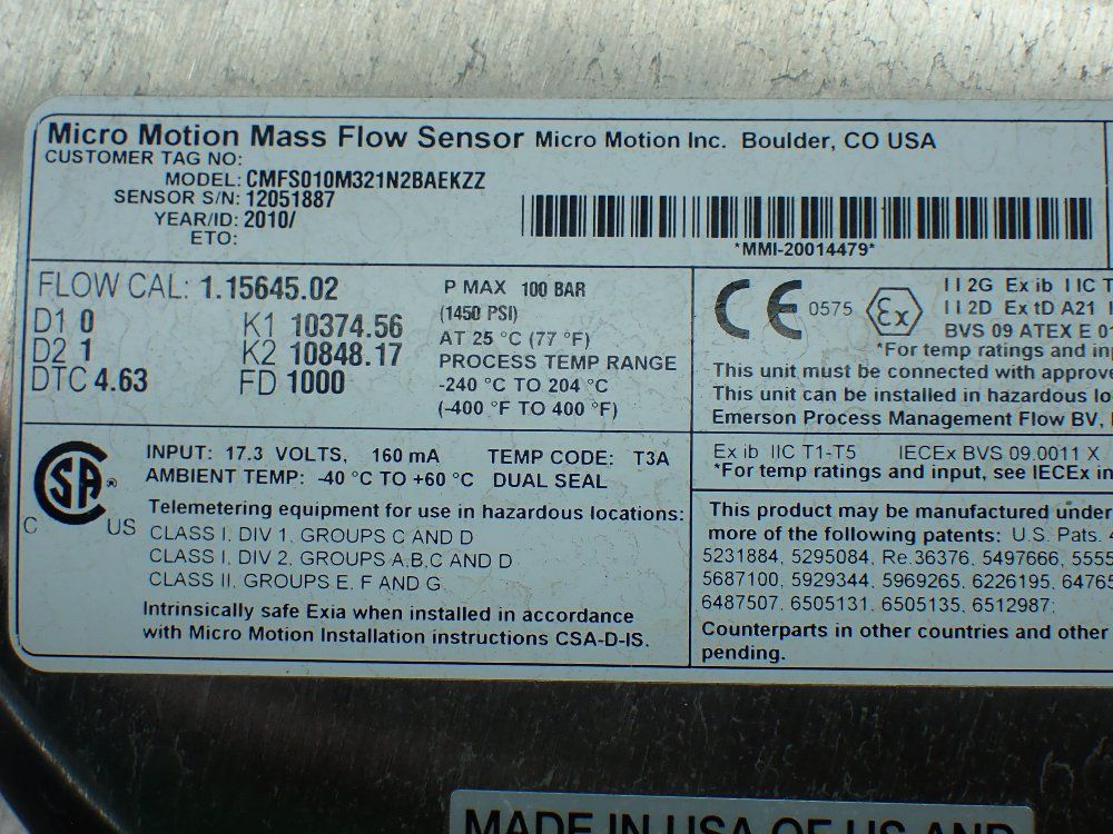 Emerson 100bar Max Micro Motion Mass Flow Sensor - Cmfs010m321n2baekzz