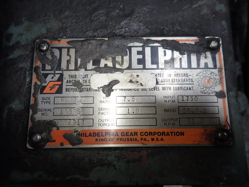 Philadelphia Gear Corporation 57.7.1 Ratio Gear Reducer - 6h93
