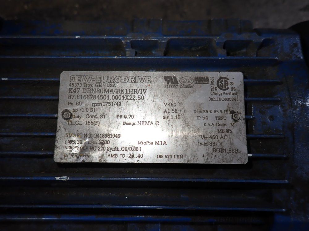 Sew Eurodrive 1 Hp Gear Drive - K47 Drn80m4/be1hr/1v