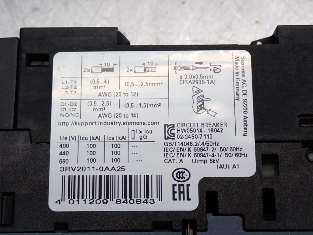 Siemens Motor Protection Circuit Breaker - 3rv2011-0aa25