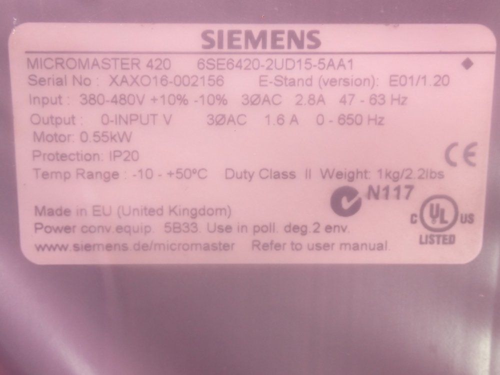 Siemens Micromaster 420 Ac Drive - 6se6420-2ud15-5aa1