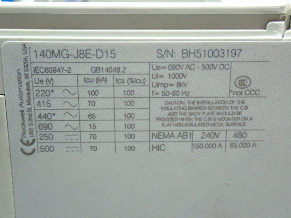 Allen Bradley Mcp Protection Type Motor Protection Circuit Breaker - 140mg-j8e-d15-aa