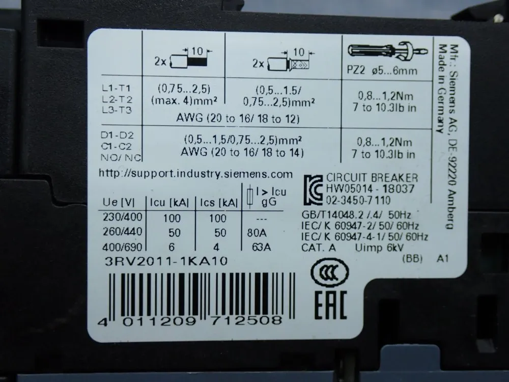 Siemens -20 To +60 Degrees C Circuit Breaker - 3rv2011-1ka10