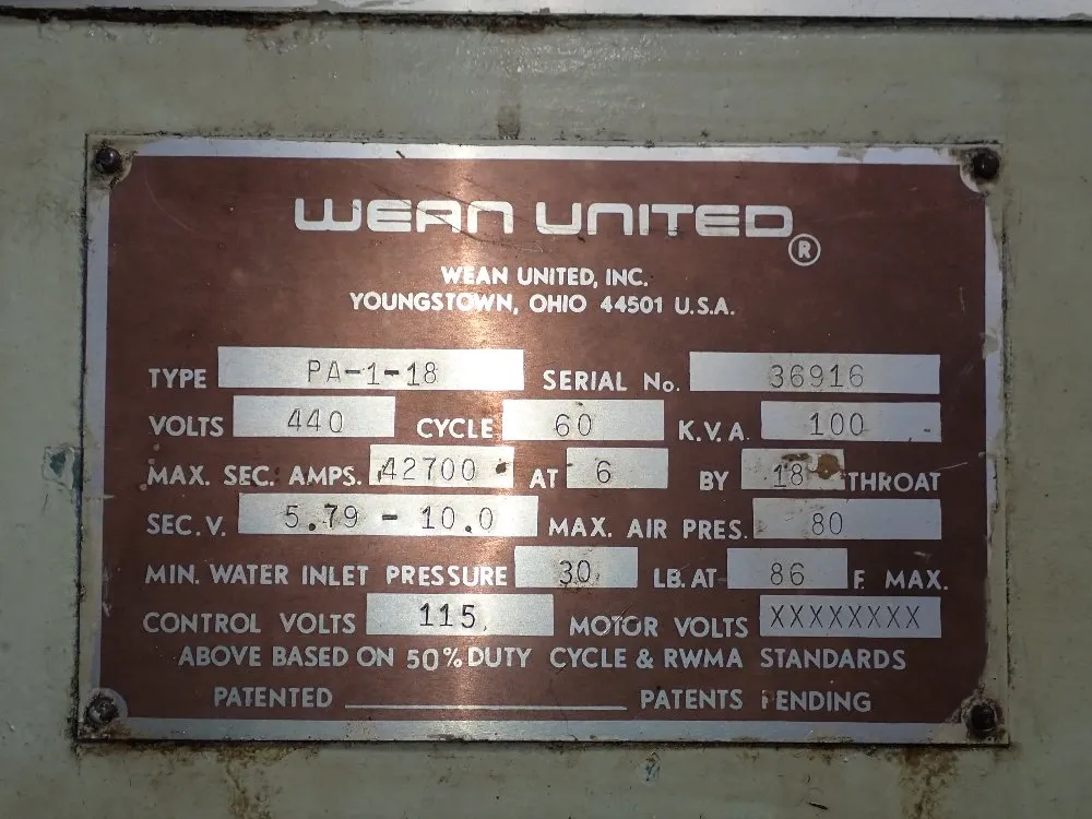 Federal/wean United 100 Kva Federal Pa-1-18 Spot Welder - Pa-1-18