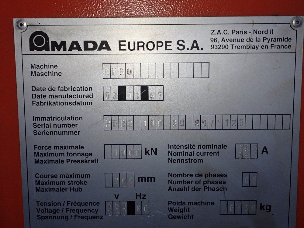 Amada 1000 Kn X 122" 1997 Amada Hfb1003 Press Brake - Hfb1003