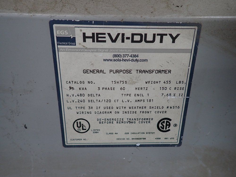 Hevi-duty 75 Kva 75 Kva Transformer - T5h75s