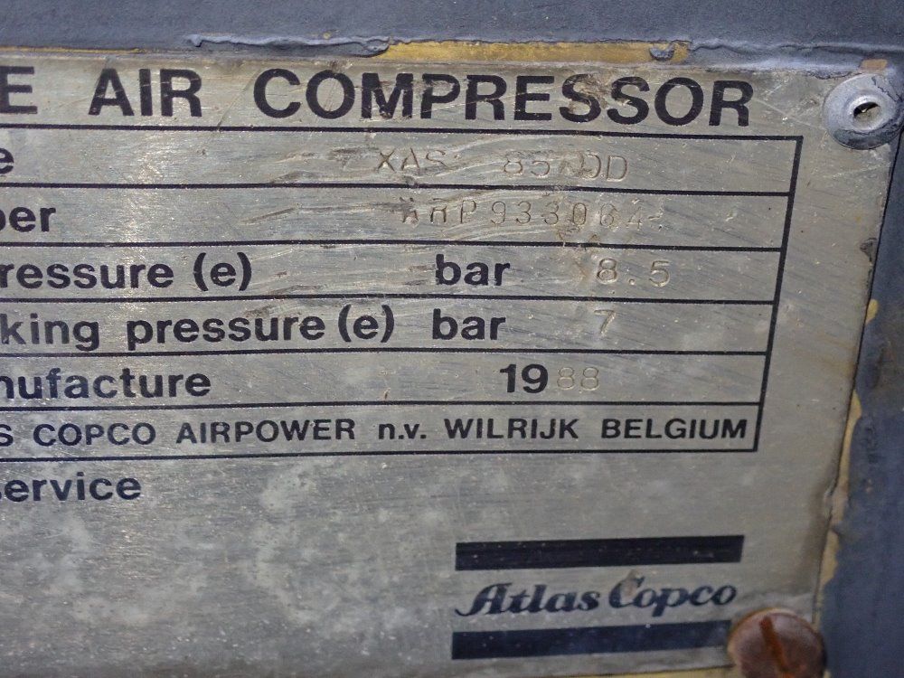 Atlas Copco 1988 Atlas Copco Xas 85dd Portable Air Compressor