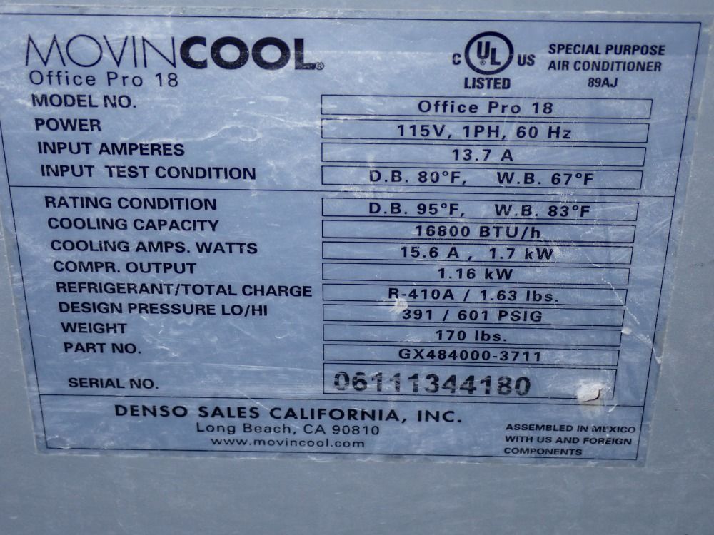 Movin Cool 16800 Btu/hr Portable Air Conditioner - Office Pro 18
