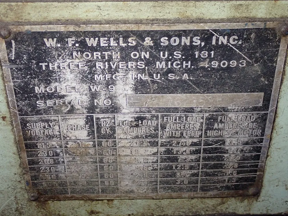 W/f. Wells 9" X 20" Horizontal Band Saw - W-9