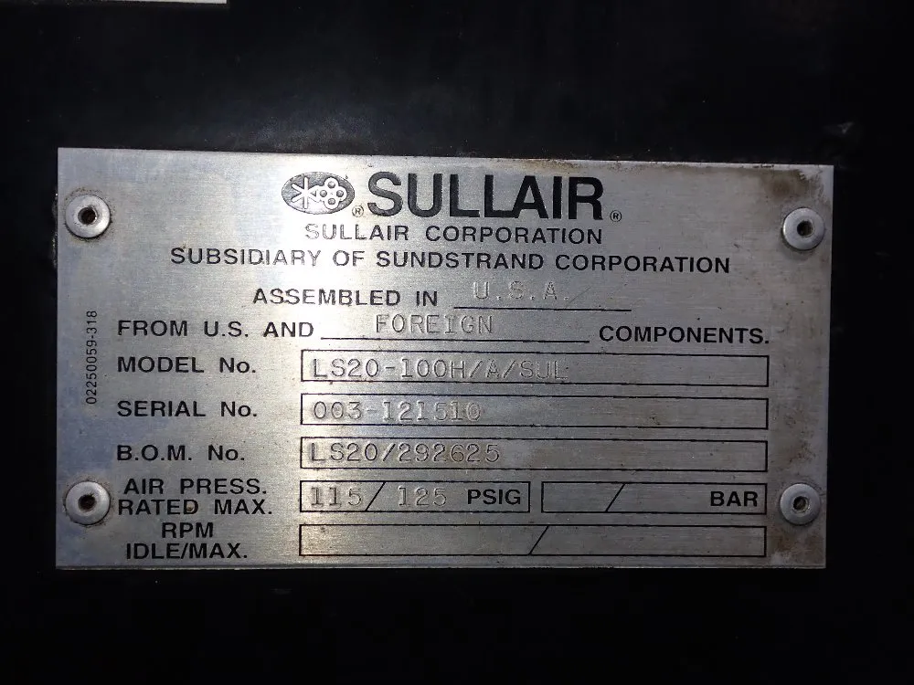 Sullair 100 Hp Ls20-100h/a/sul Air Compressor - Ls20-100h/a/sul