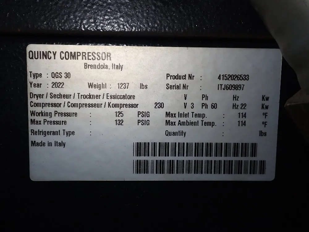 Quincy 22 Kw Air Compressor - Qgs 30
