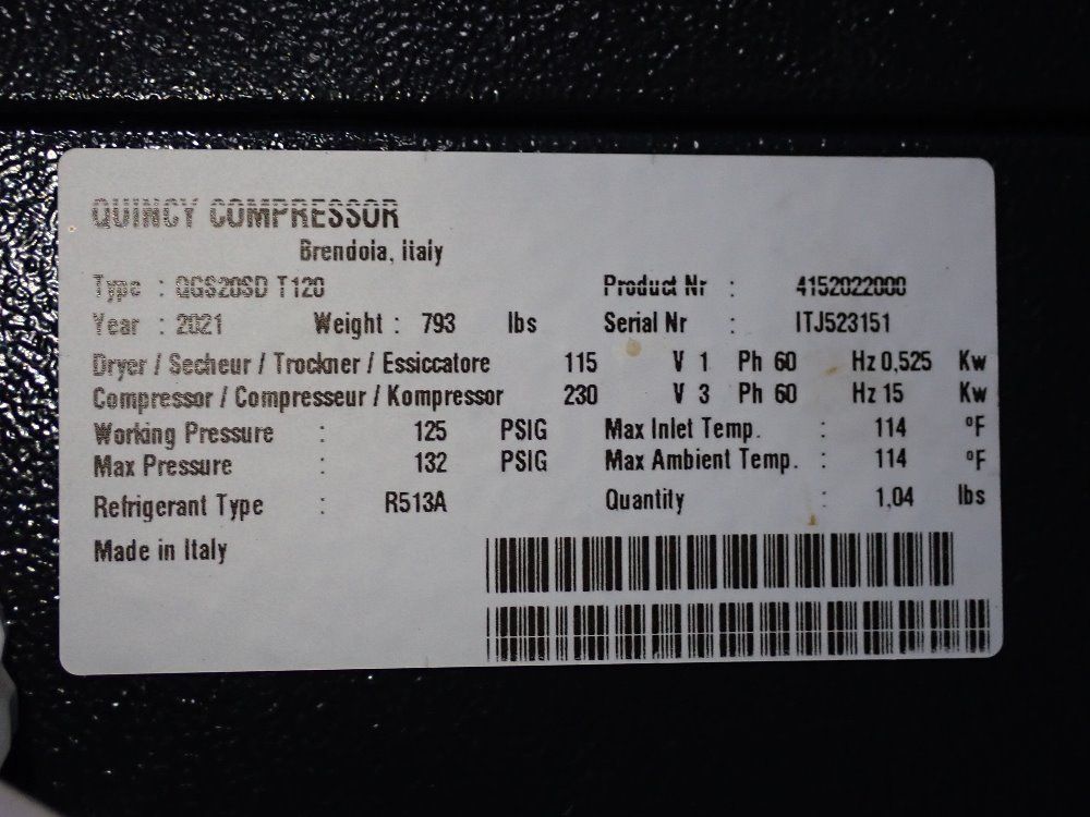 Quincy 15 Kw Air Compressor - Qgs20sd T120