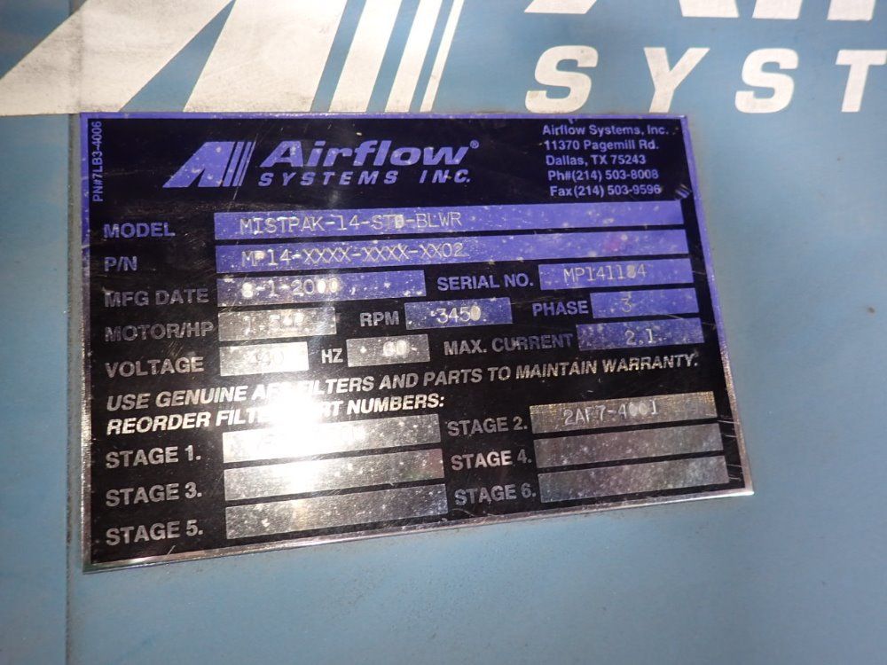 Airflow Systems 1.5 Hp Mist Collector - Mistpak-14-std-blwr