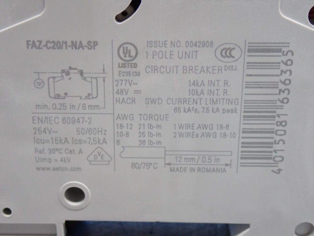 Eaton Industrial Miniature Circuit Breaker Supplementary Protector - Faz-c20/1-na-sp