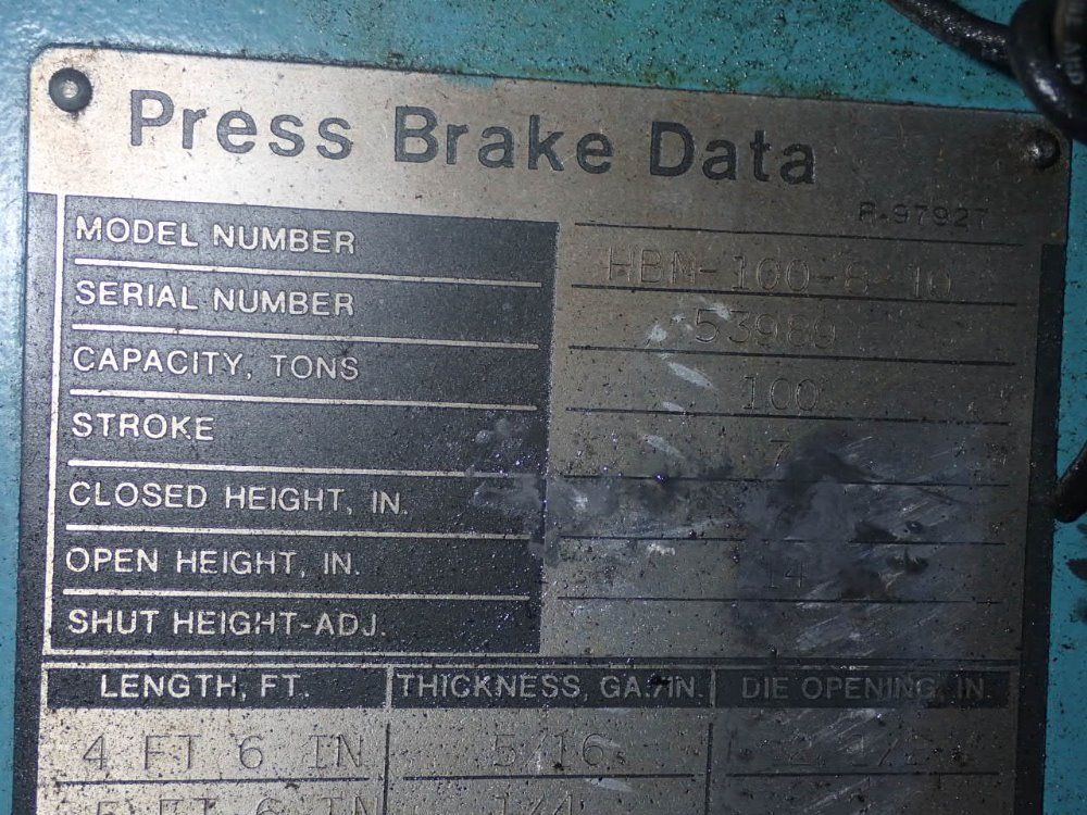Niagara 100 Tons Hbm-100-8-10 Press Brake - Hbm-100-8-10