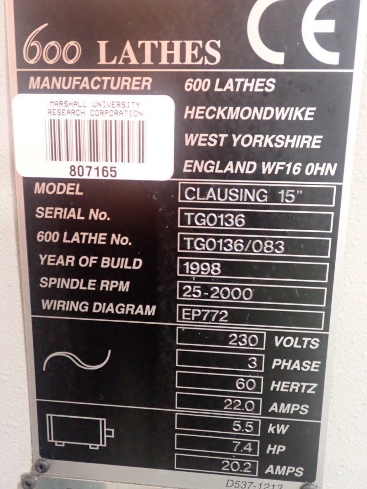 Clausing 18" X 24" X 46" Colchester Clausing 15" Gap Bed Lathe - Clausing 15