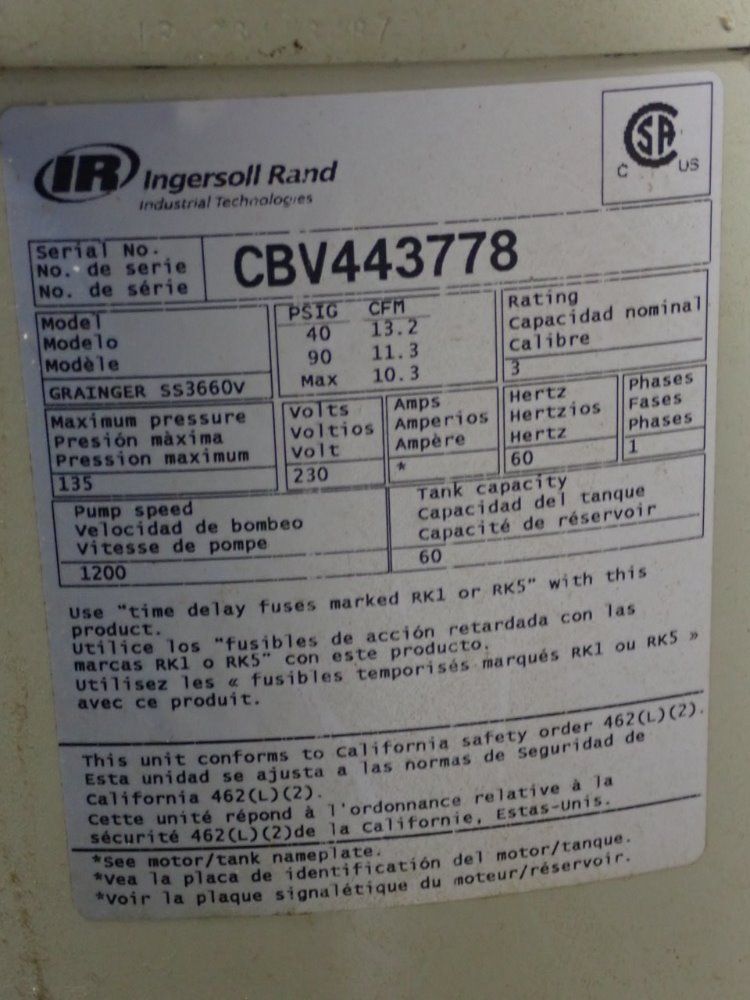 Ingersoll Rand 135 Psi Ss3660v Air Compressor - Ss3660v