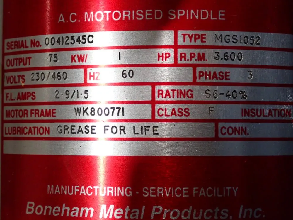 Boneham Metal Products Inc .75kw/1hp/2.9a Ac. Motorized Spindle - Mgs1052