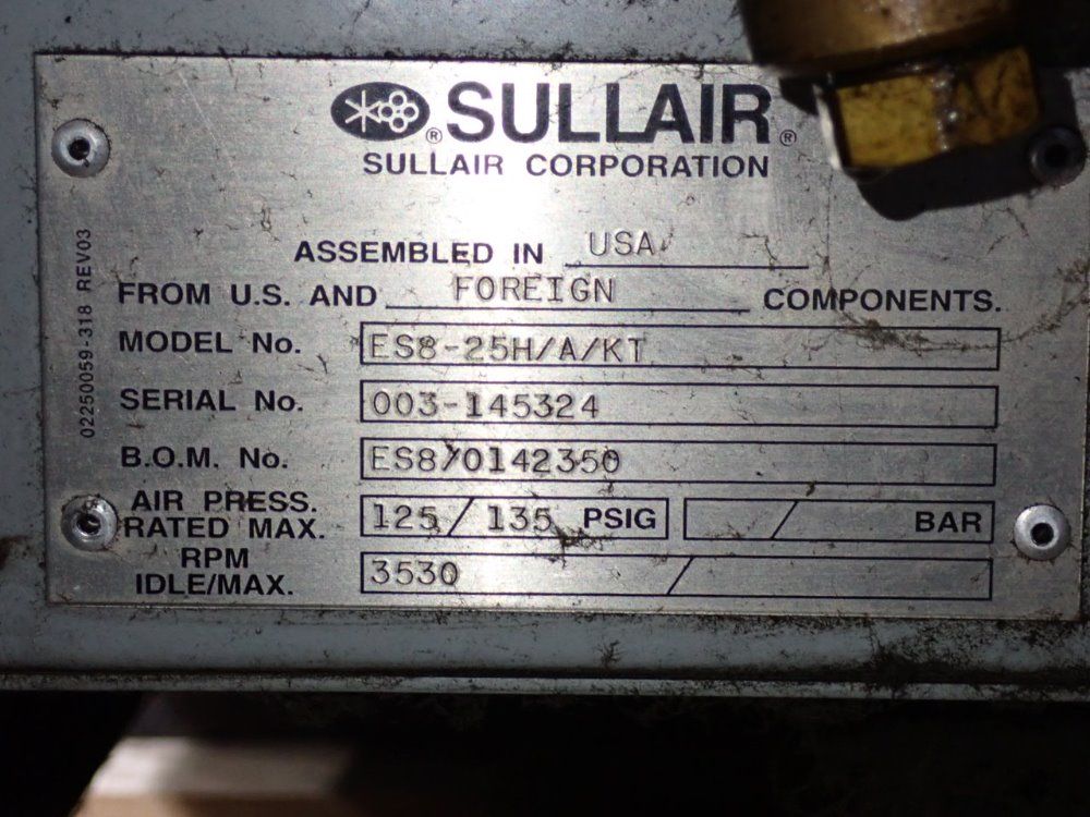 Sullair 25 Hp Air Compressor - 24ktes-8/es8-25h/a/kt