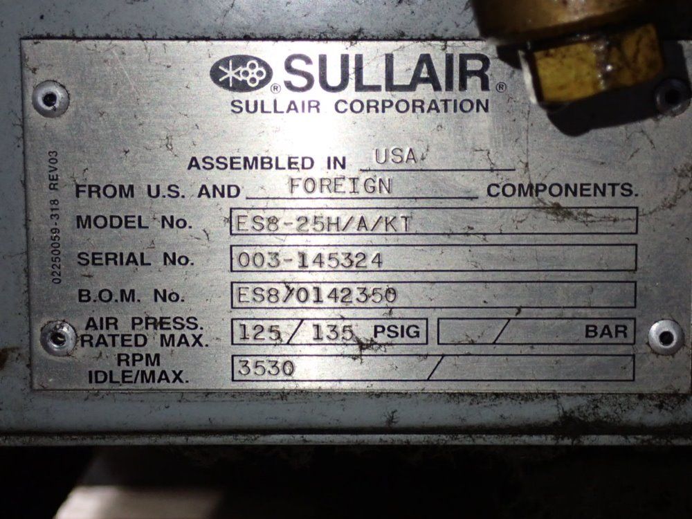 Sullair 25 Hp Air Compressor - 24ktes-8/es8-25h/a/kt
