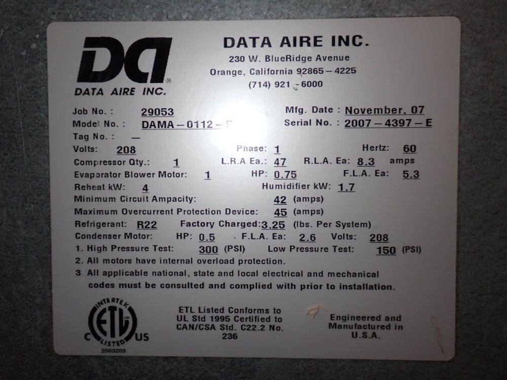 Data Aire Inc .75 Hp Air Conditioner - Dama-0112-p