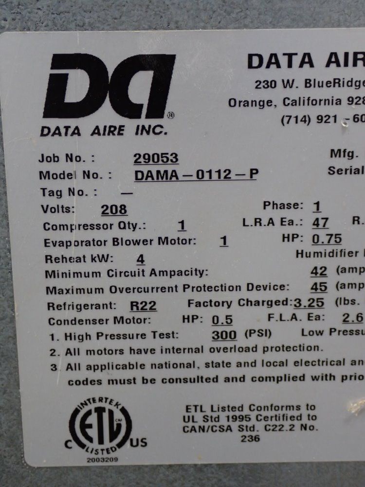Data Aire Inc .75 Hp Air Conditioner - Dama-0112-p