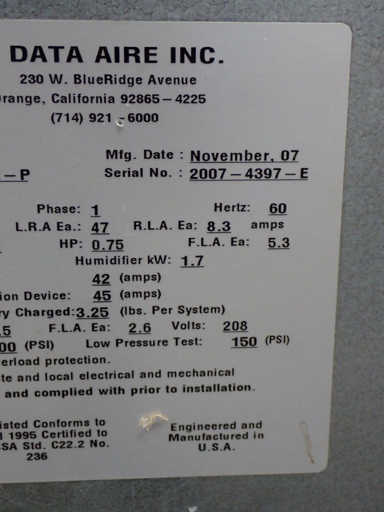 Data Aire Inc .75 Hp Air Conditioner - Dama-0112-p