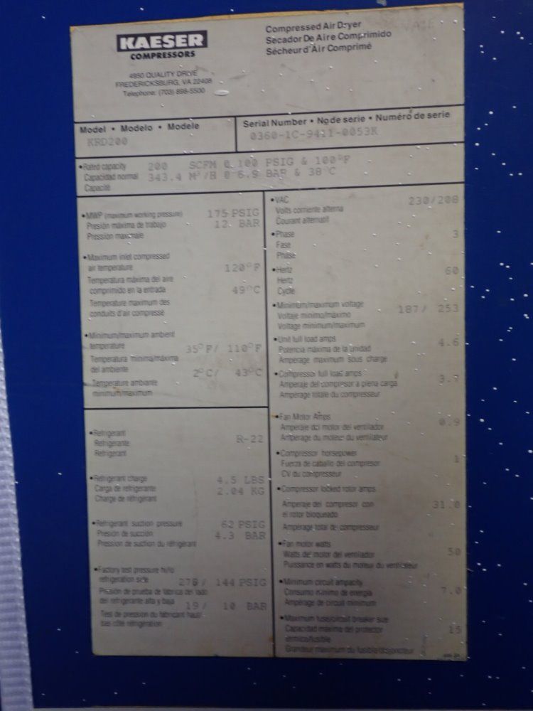 Kaeser 200 Scfm Compressed Air Dryer - Krd200