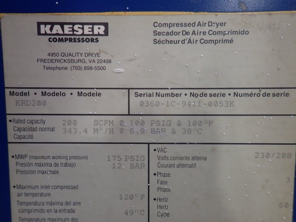 Kaeser 200 Scfm Compressed Air Dryer - Krd200