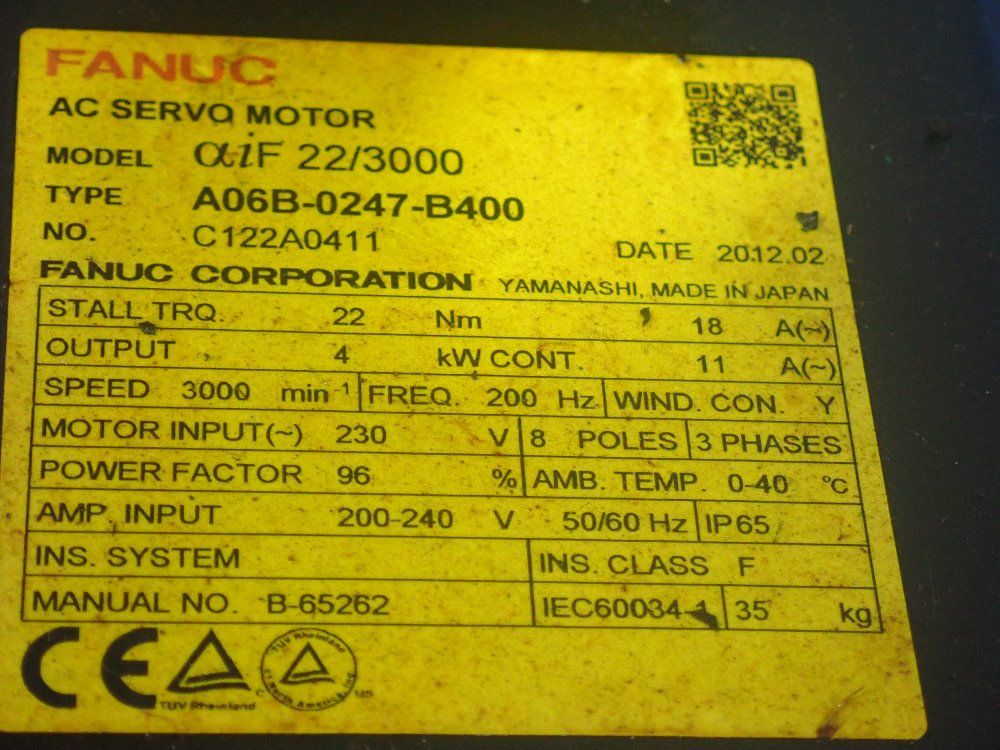Fanuc Ltd. 3000 Rpm Servo Motor - A22/3000i