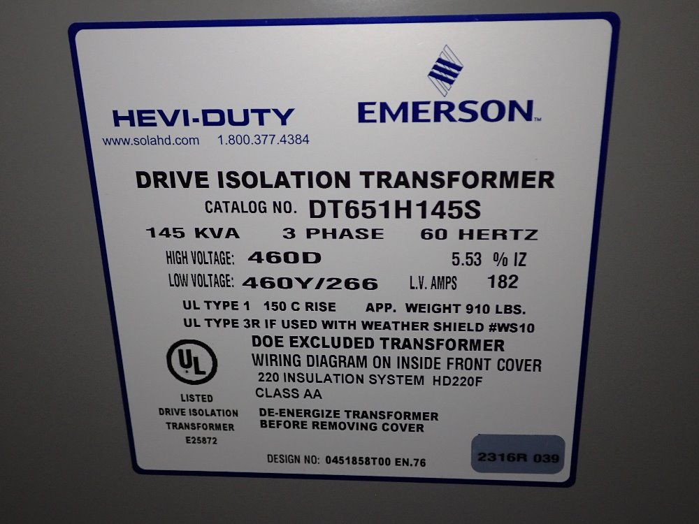 Hevi-duty/emerson 145 Kva Transformer - Dt651h145s