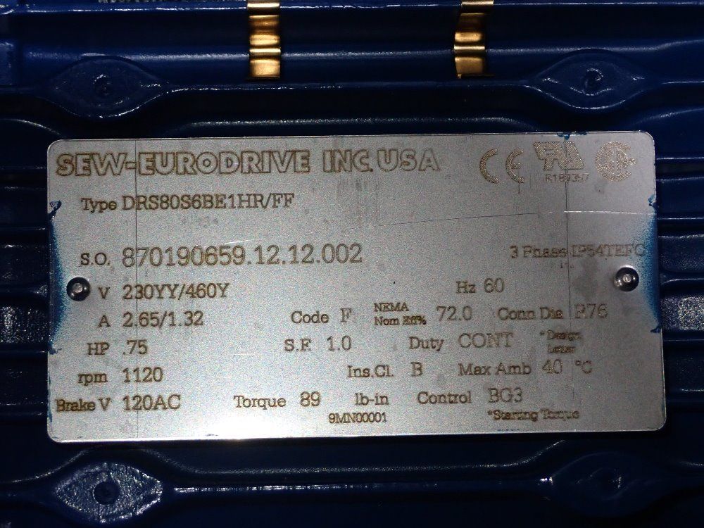 Sew-eurodrive 3/4 Hp Motor - Drs80s6be1hr/ff