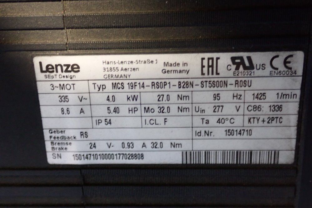 Lenze 5.4 Hp Servo Motor - Mcs19f14rs0p11b28nst