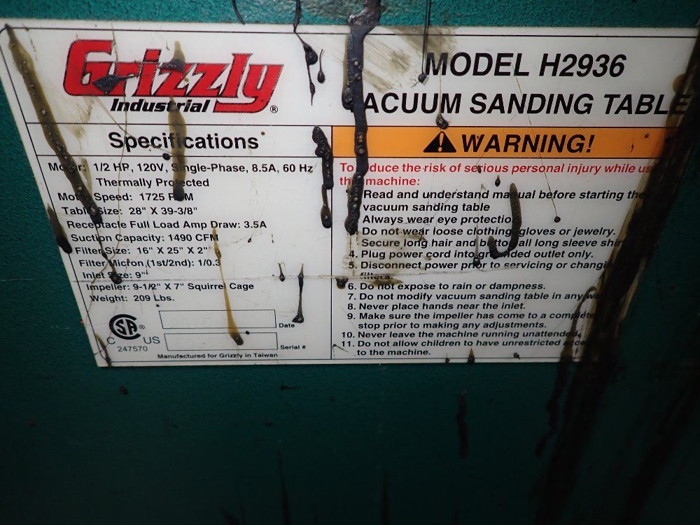 Grizzly 28" X 39" Vacuum Sanding Table - H2936