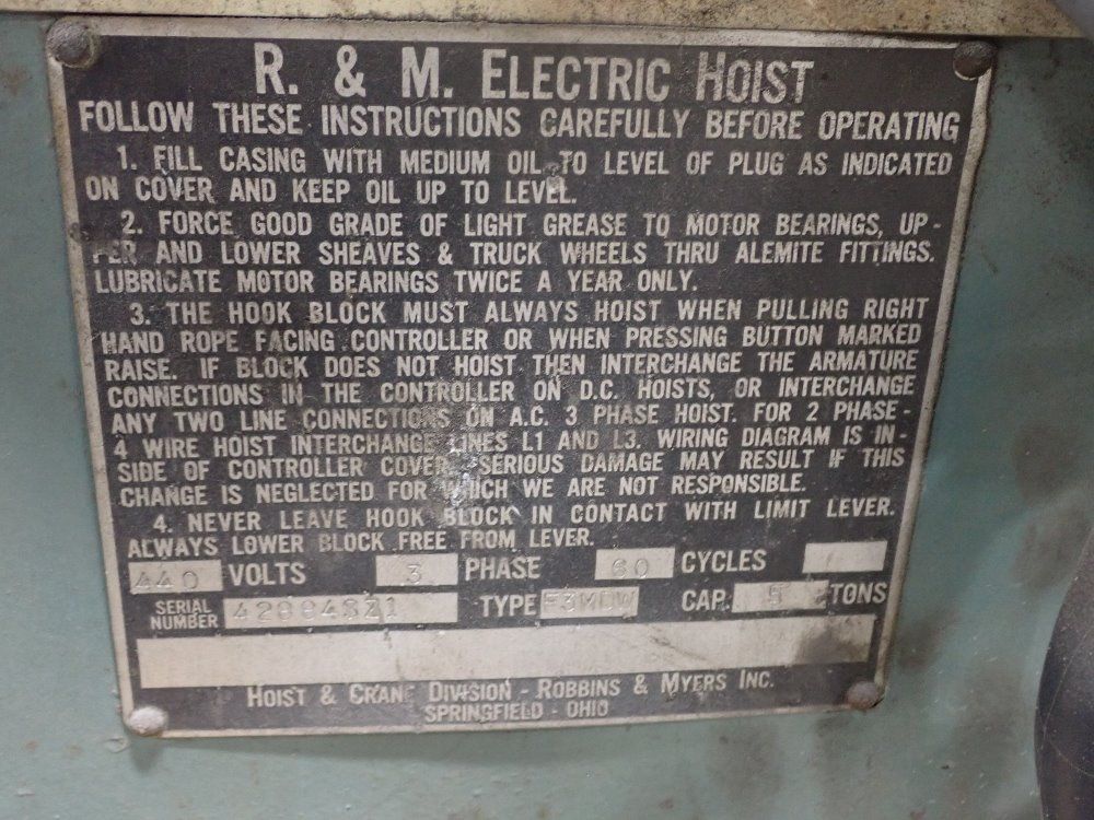 Robbins & Myers 5 Tons Electric Cable Hoist
