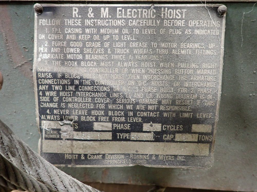 Robbins & Myers 5 Tons Electric Cable Hoist