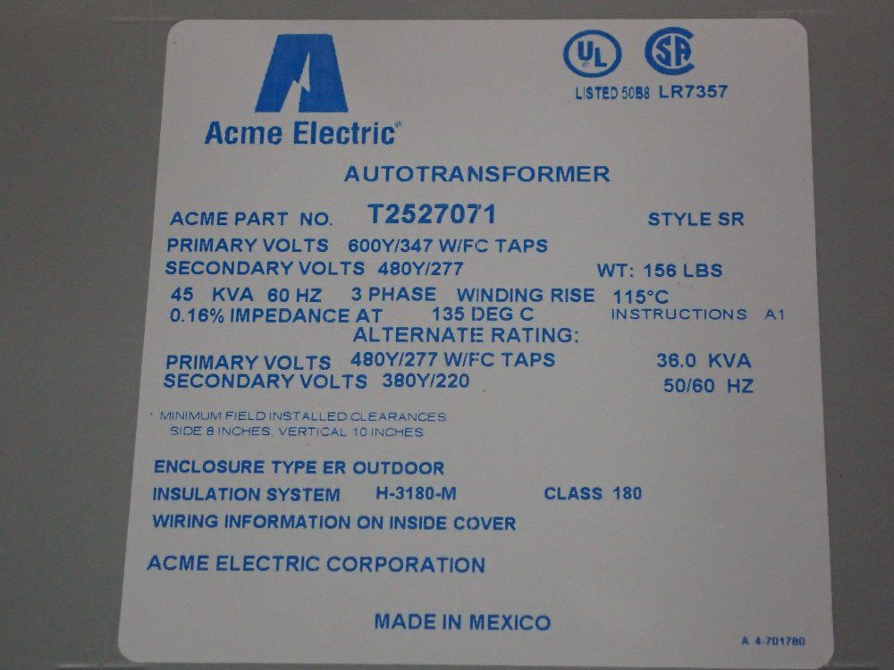 Acme Electric Corp. 45 Kva Autotransformer - T2527071